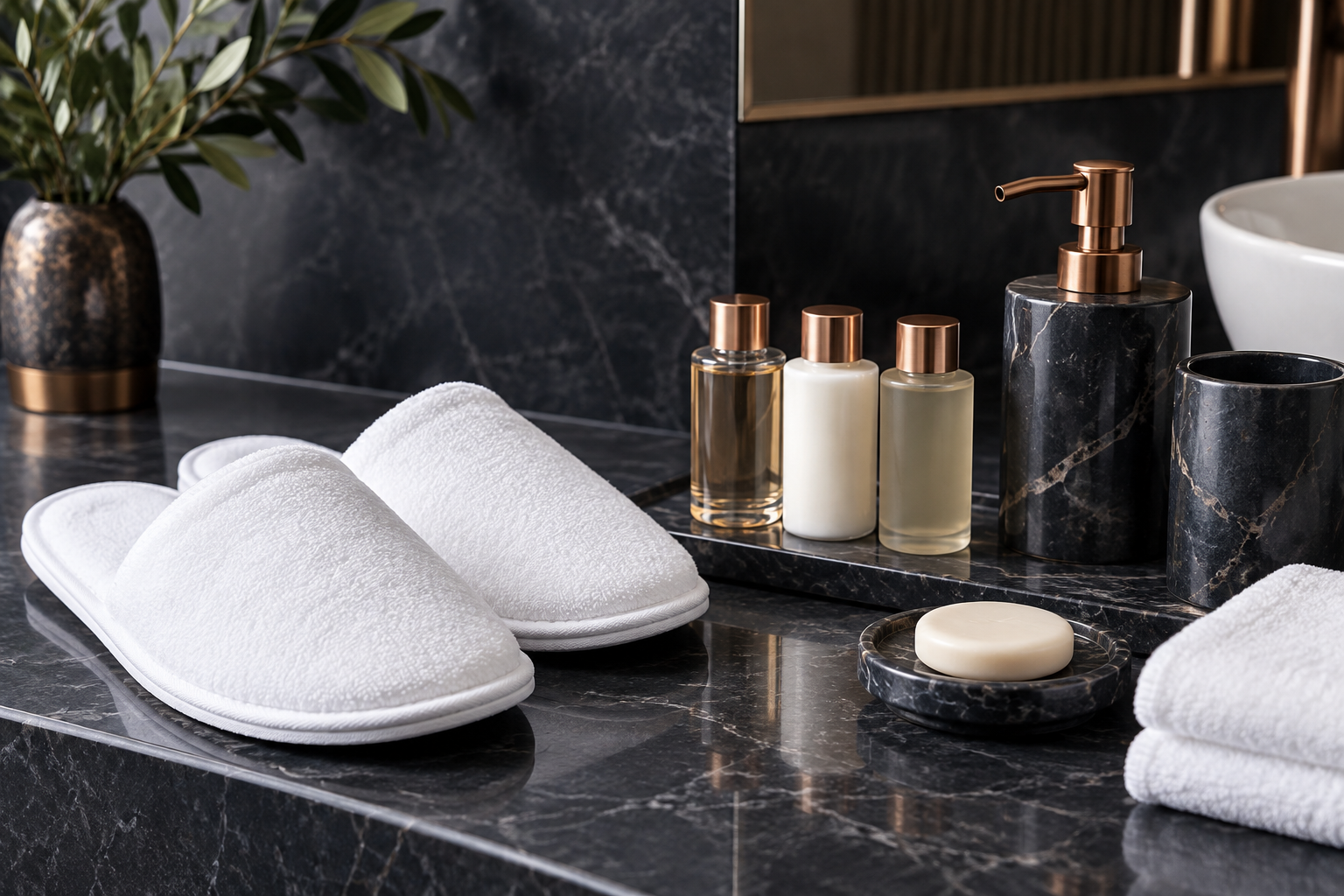 Hotel slippers and guest bathroom amenities