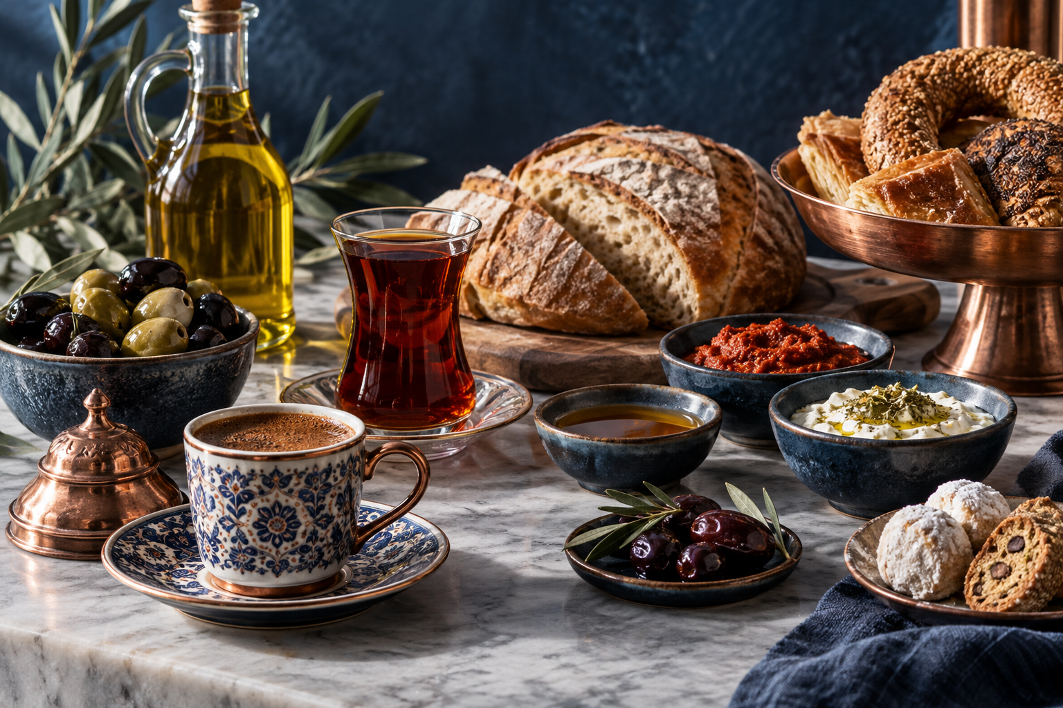 Turkish coffee, tea, olive oil and bakery products