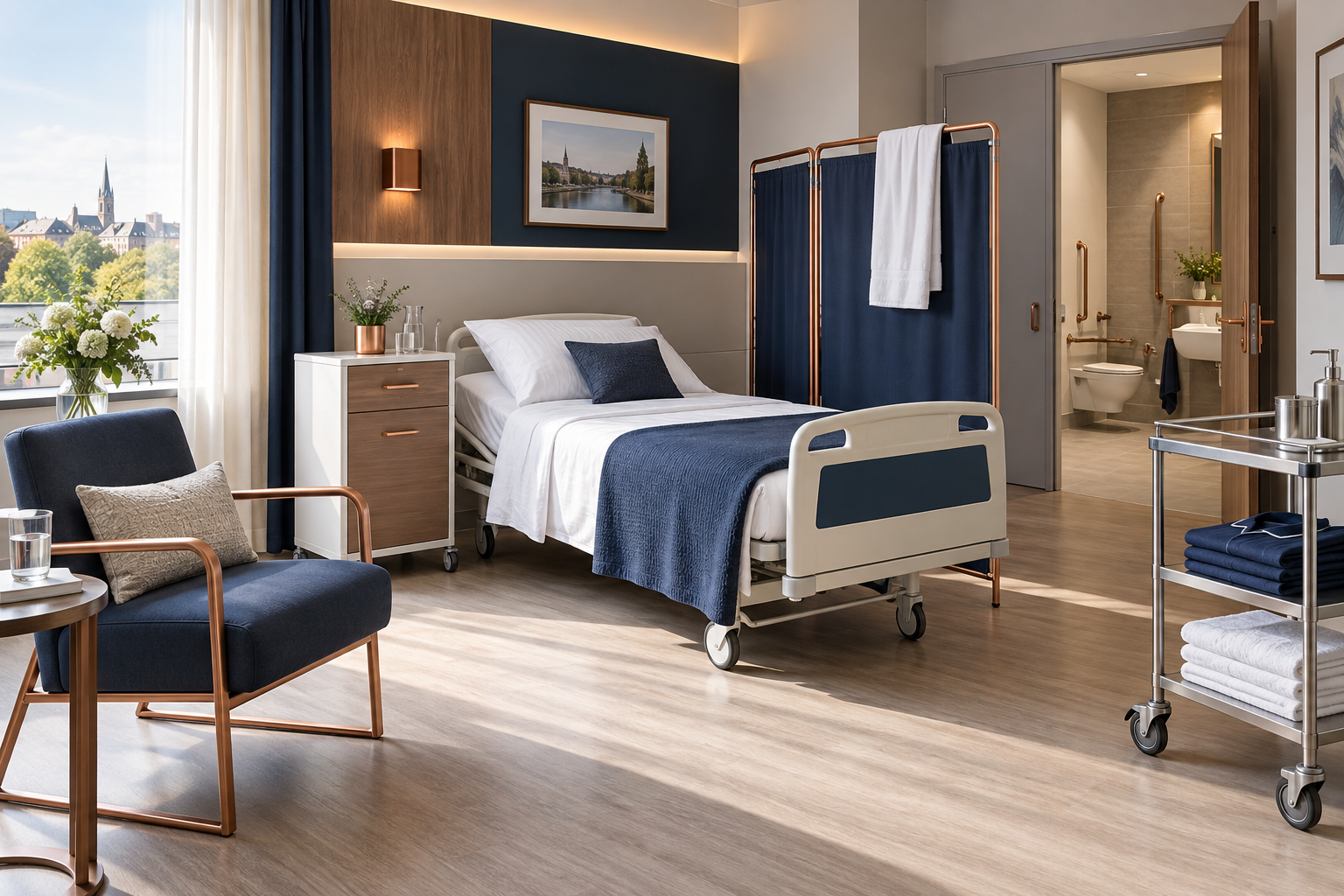 Modern hospital patient room and non-clinical support equipment