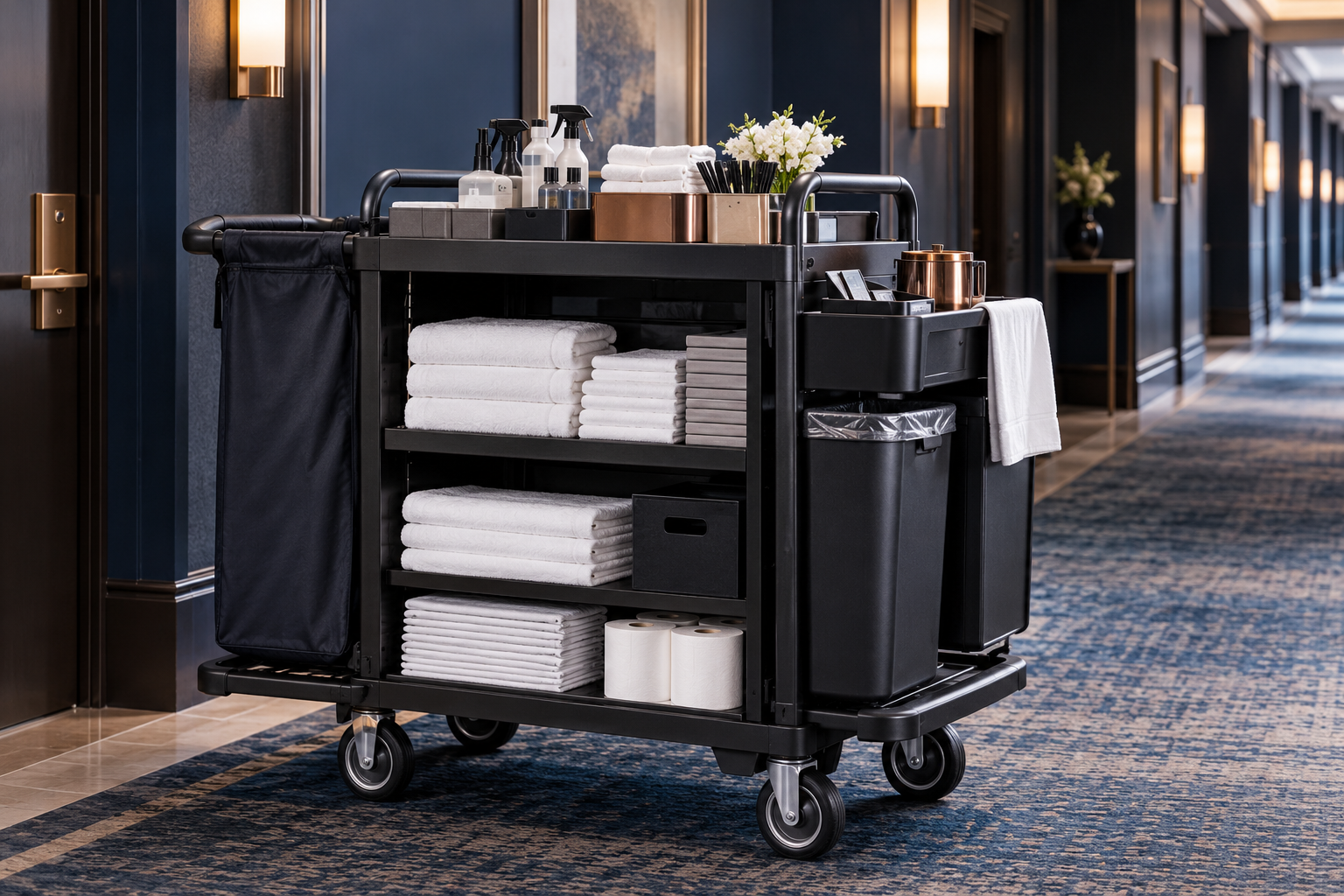 Professional hotel housekeeping trolley and supplies