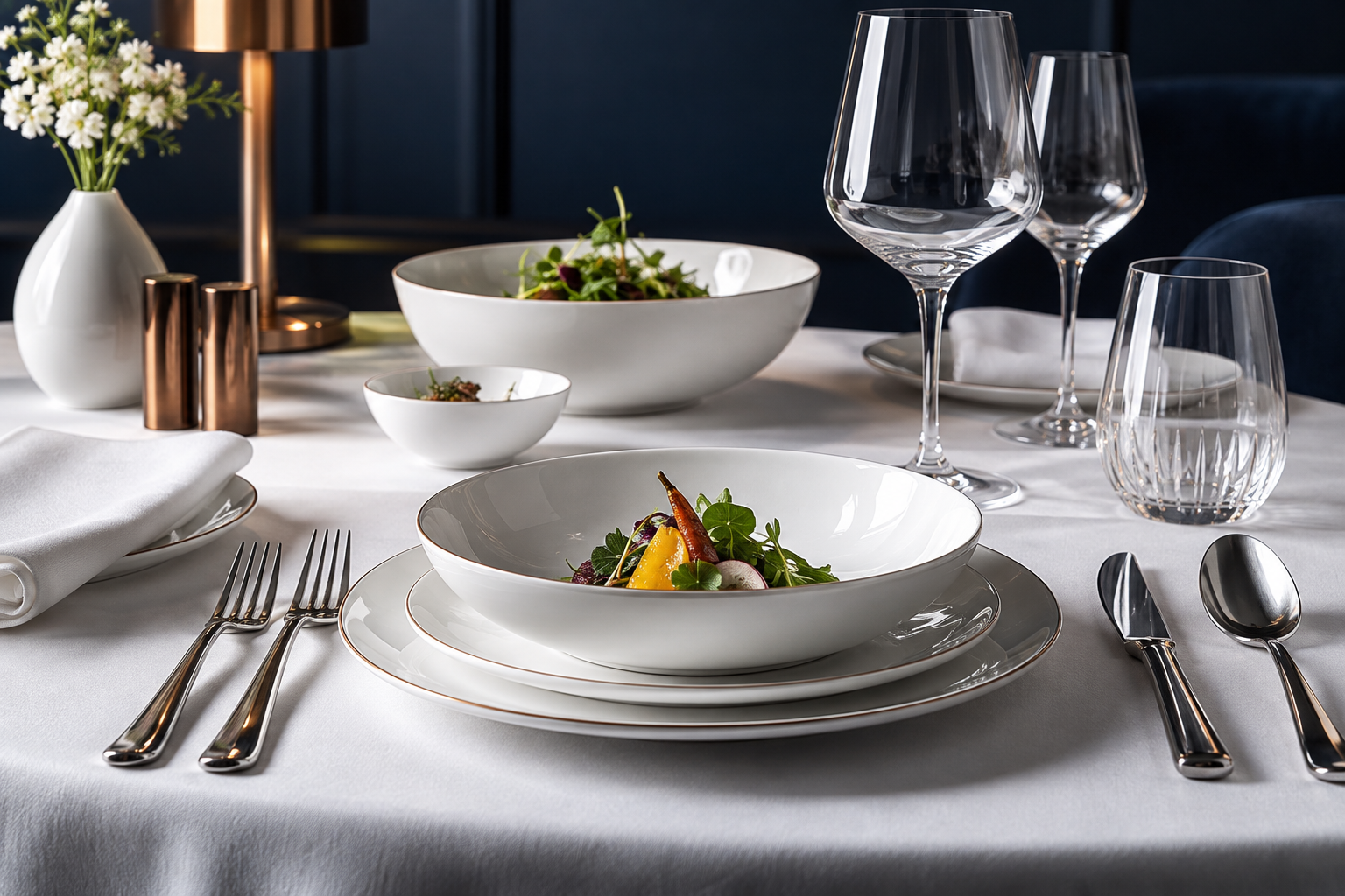 Professional hotel porcelain, glassware and cutlery